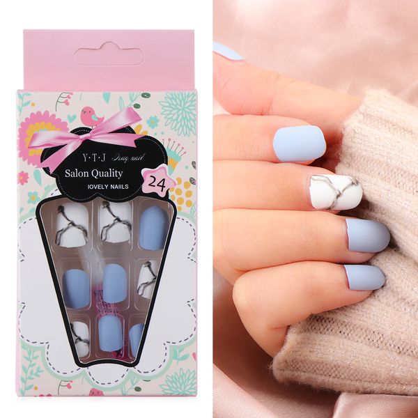 

24pcs/set white light blue fake nail frost matte marble square artificial nail art tips with glue sticker home faux nails art, Red;gold