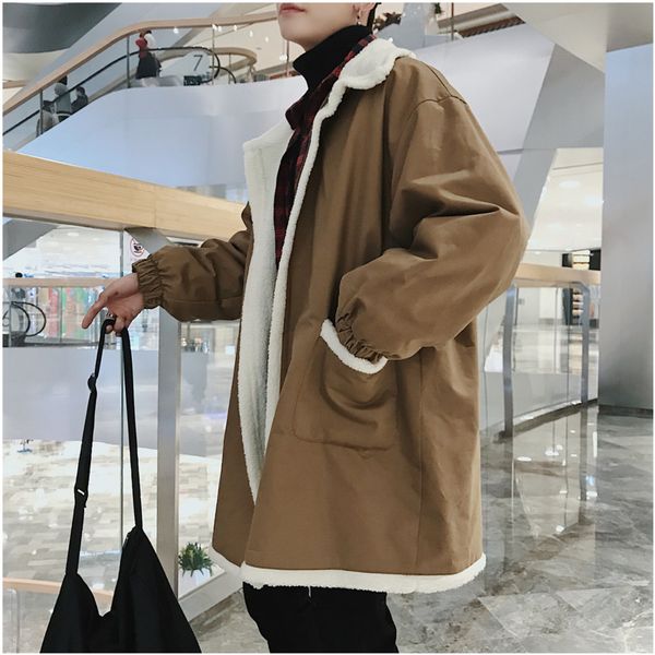 

2018 winter new cotton coat male loose lamb fur coat cotton long jacket jacket khaki / black m-2xl parka men