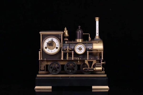 

47 cm europe retro bronze marble steam train model mechanical swing table clock