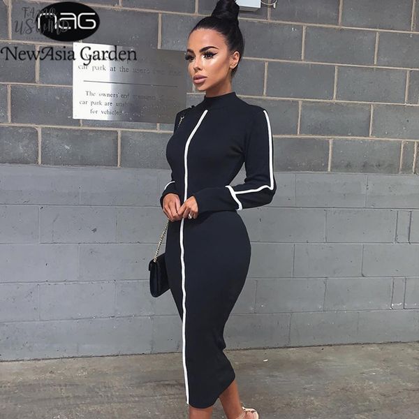 

bodycon dress women 2020 pink long sleeve contrast turtle neck stripe high necked casual long dress elegant autumn dress black, Black;gray