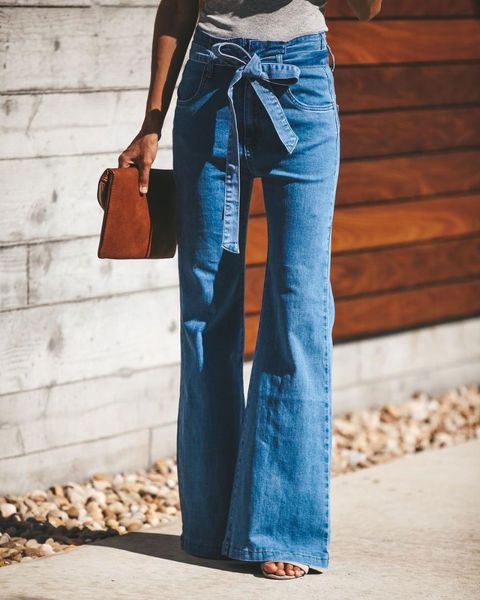 

high waist slim drawstring jeans women winter fashion high street vintage flare pants mujer sky blue sashes denim femme 2019