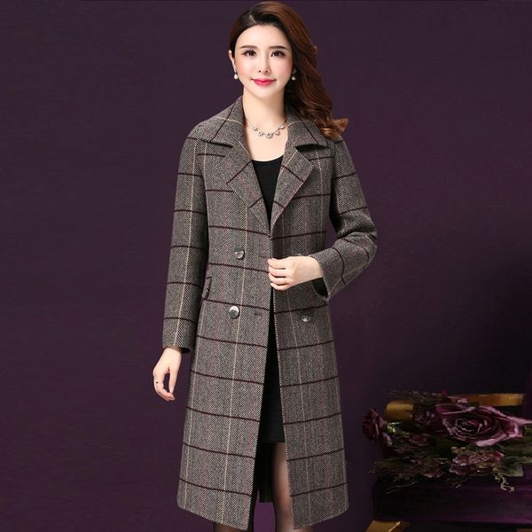 

fashion lattice woolen coat female 2019 new autumn winter korea cashmere long womens coats large size middle age clothing 4xl, Black