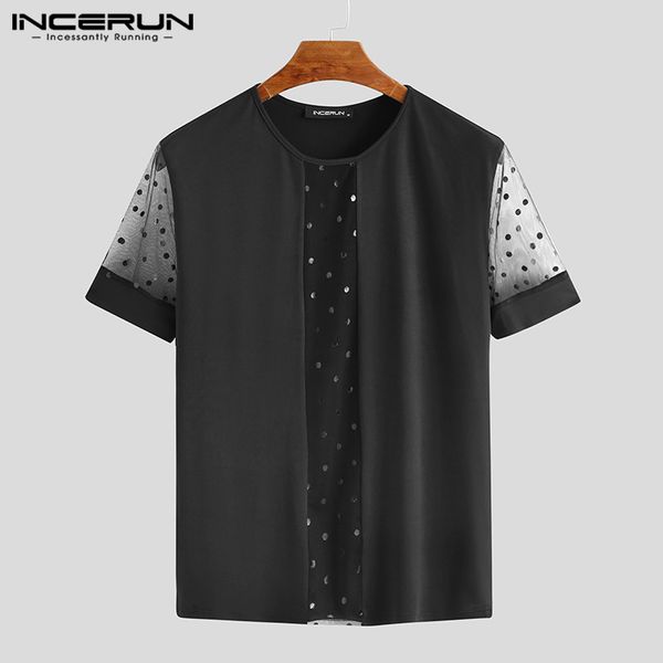 

incerun мода mesh лоскутной футболка мужчина с коротким рукавом o шеи streetwear 2020 тис тонкой вскользь партии nightclub футболка лето, White;black