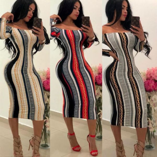 

fashion women off shoulder long sleeve bodycon dresses ladies casual evening party mid-calf dress, Black;gray