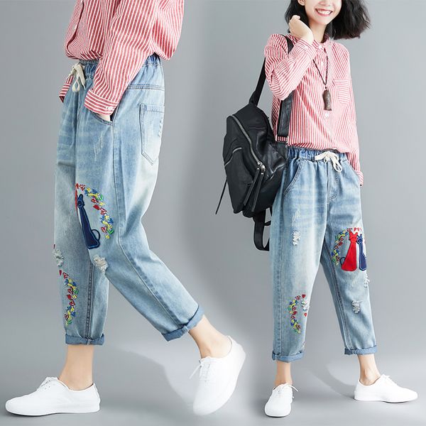 

2020 women spring jeans oversized harem pants loose high waist ankle-length jeans woman denim pant cartoon print hole, Blue