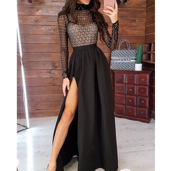 

long sleeve stamping mock neck plaid sheer mesh maxi dress women insert high slit ruched dress evening party, Black;gray