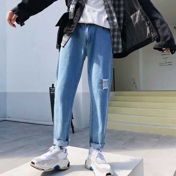 

2019 spring autumn ripped hole patch jeans men distressed loose students ankle length pants straight irregular trousers, Blue
