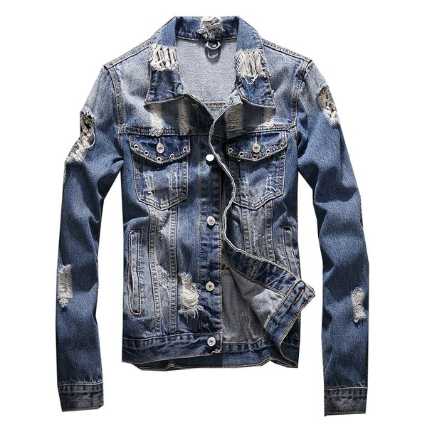 

new cotton outerwear jean jacket men slim fit casual retro denim clothing with hole coats men fashion, Black;brown