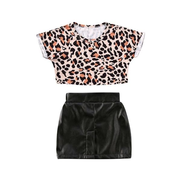 

1-3years toddler baby kid girl clothes leopard t-shirt + leather skirt dress outfits, White