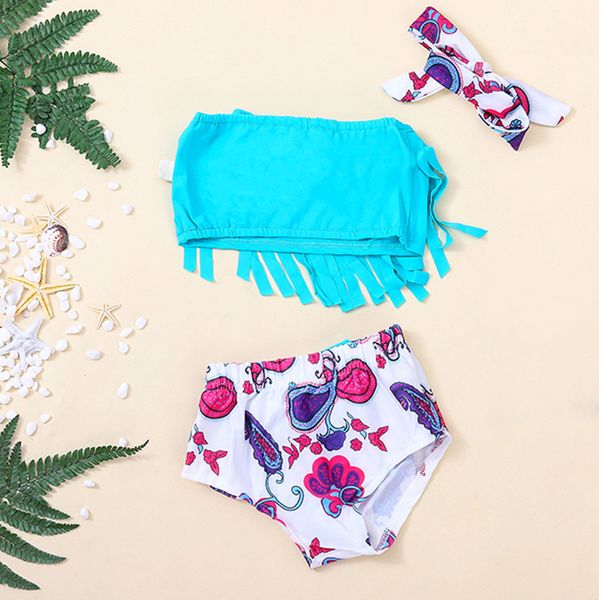 

2020 girls sweet tassel bikinis brazilian baby two pieces swimming suit toddler baby strap floral beach swimwear bikini set blue, White