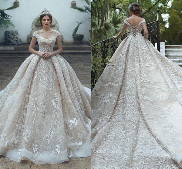 

luxury sparkly light champagne wedding dresses 2020 new off shoulder full lace appliques sequined corset back wedding bridal gowns bc2035, White