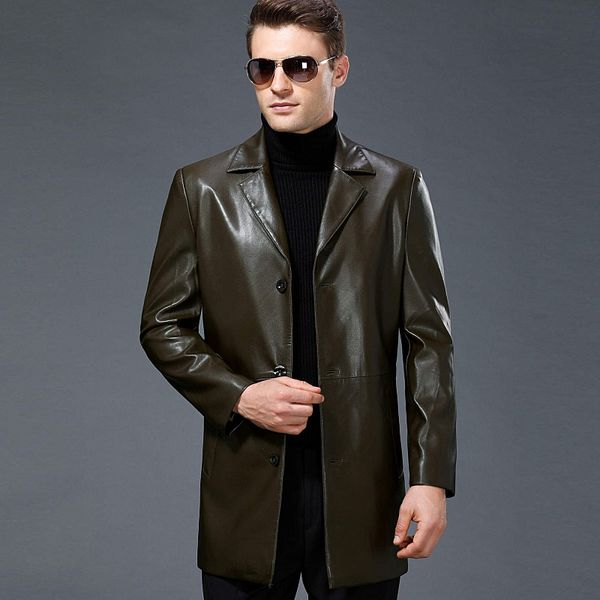 

haining genuine leather clothes men middle-aged single leather coat 2019 autumn & winter thin sheep skin mid-length suit, Black