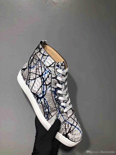 

люкс супер дизайн бренды мужские кроссовки red bottom high tops обувь python кожа граффити печать любители красной подошвой партии отдых тре, Black