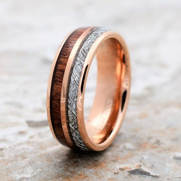

new arrival rose gold tungsten rings with wood&meteorite two layer wedding band 6mm female 8mm male engagement love gift, Slivery;golden