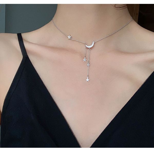 

kpop silver color star moon tassel chains necklaces for women choker collares wedding aesthetic jewelry collier femme