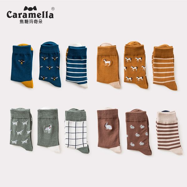 

men's socks 3 pairs/lot caramella cotton crew mid-calf length jacquard embroidery animal pattern, Black