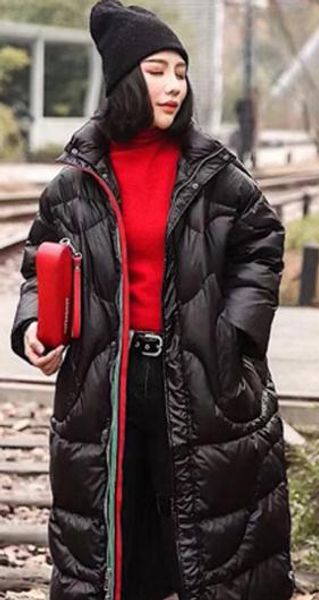 

female winter dress in european goods with long collar and coloured zipper and light down dress with loose knee, Black