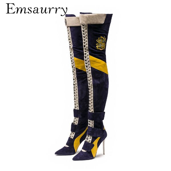 

patchwork over the knee boots 10cm stiletto heel point toe cross-tied hook-loop fashion catwalk women booties, Black