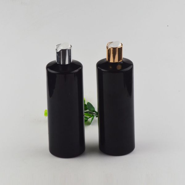 

500ml black empty plastic shampoo bottle with gold or silver disc cap 17 oz pet essential oil bottle for shower cosmetic packaging