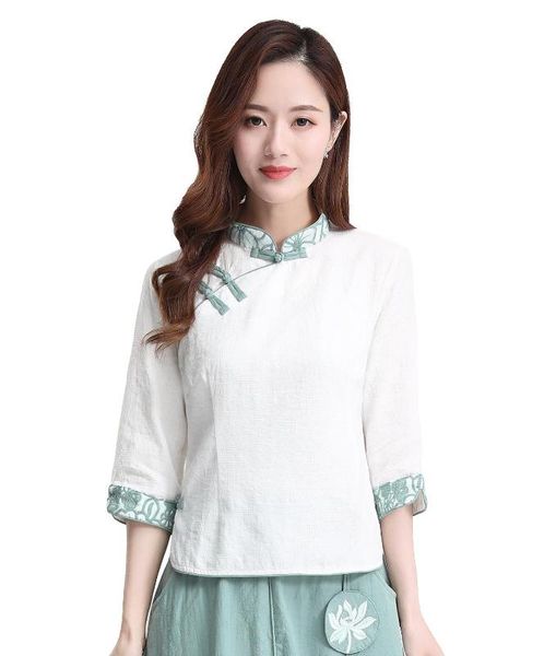 

shanghai story 3/4 sleeve chinese traditional clothing women's chinese blend linen blouse white qipao shirt, Red