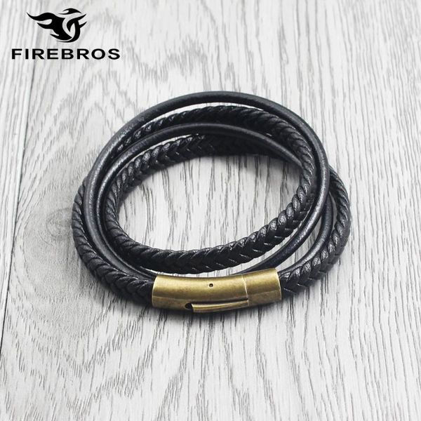 

firebros red/ancient bronze stainless steel clasp antique multilayer genuine leather wrap bracelet bangle men women jewelry gift, Black