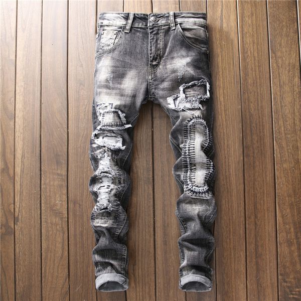 

european style man jean pants 2020 new arrival male hole splice moto pants streetwear slim fit gray denim plus size, Blue