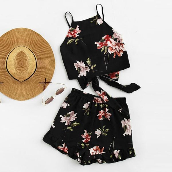 

женский летний костюм комплект boho рябить цветочный принт спагетти ремень растениеводство cami топ с шортами наборы из двух частей наряд#yl, White