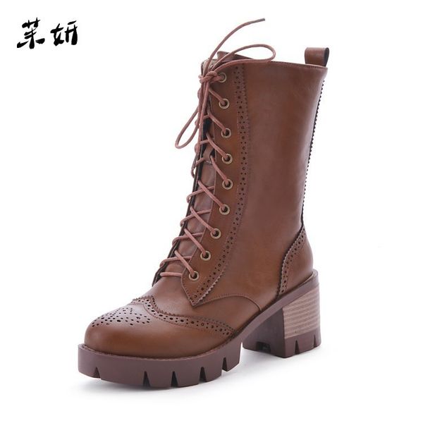 

women boots women motorcycle boots round toe brogue shoes mid heel female fashion plus size carved new platform, Black