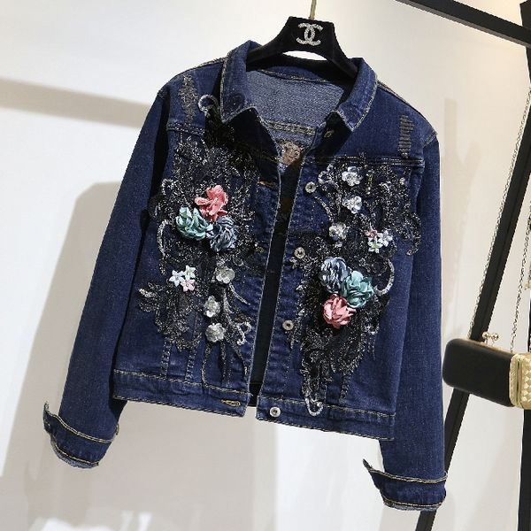 

2018 spring autumn women's new fashion embroidery flowers denim coat short jacket for women blue jean jackets student slim coat, Black;brown