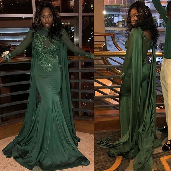 

dark green mermaid prom dresses high neck see through black girl long sleeves sheer plus size nigerian formal dress evening gowns ogstuff, Black;red