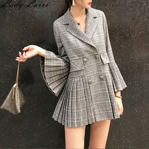 

2019 auttum fashion korean women blazer jacket new plaid pockets coat slim double breasted blazers outwear, Black;brown