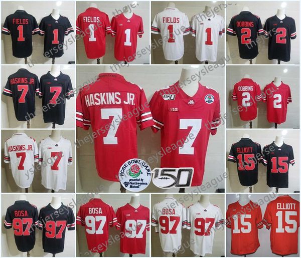 

2020 ohio state buckeyes 150th playoff #1 justin fields #2 jk dobbins young #15 elliott bosa teague fiesta bowl football jersey, Black;red