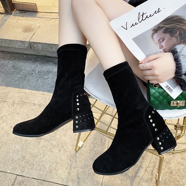 

autumn boots low heels booties round toe women's rubber shoes rain luxury designer booties ladies bootee woman 2019 lace up mid, Black