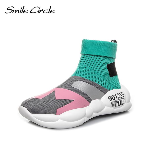 

smile circle 2019 spring knitting sneaker for women sock boots fashion multicolor high-shoes lightweight casual shoes, Black