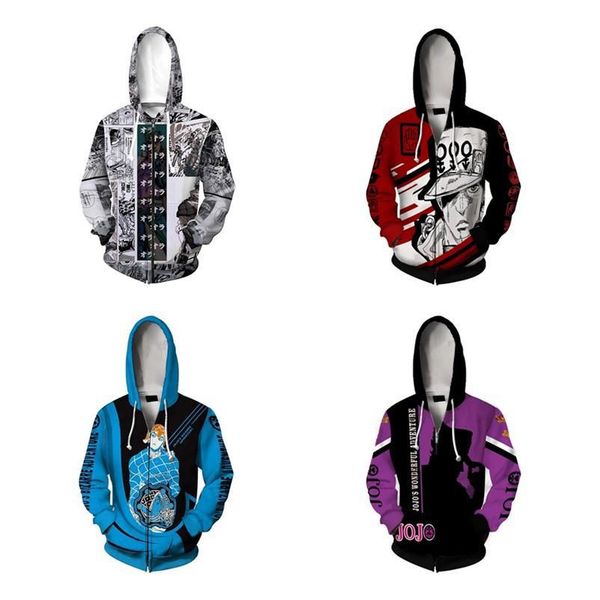 

jojo wonderful adventure college cartoon hoodies winter zipper hoodies jacket men hip hop streetwear coat, Black
