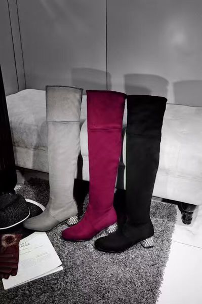 Hot venda- Marca Novo Estilo Europeu sobre as botas do joelho Pedrinhas Suede estiramento Botas Mulheres Outono Inverno Overknee Shoes