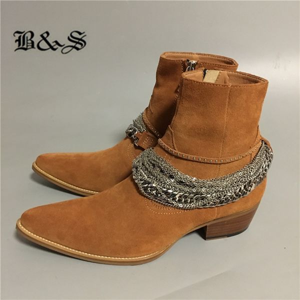 

boots black&street real picture handmade wedge men genuine leather sliver chain tassel personalized boutique