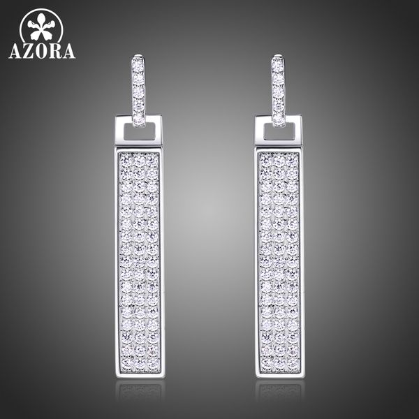 

azora white gold rectangle full paved natural clear cubic zirconia wedding party fine jewelry women long dangle earrings te0328, Silver