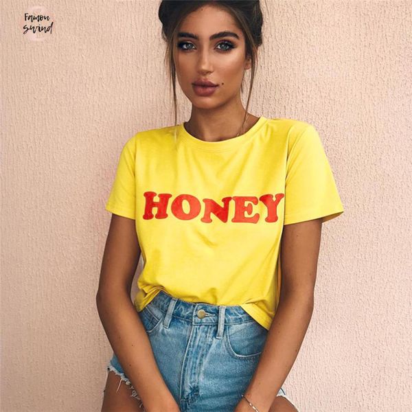 

new shirts lesaglie new fashion yellow summer red t shirt lyrics "honey" young short sleeved v neck fashion drop shipping, White