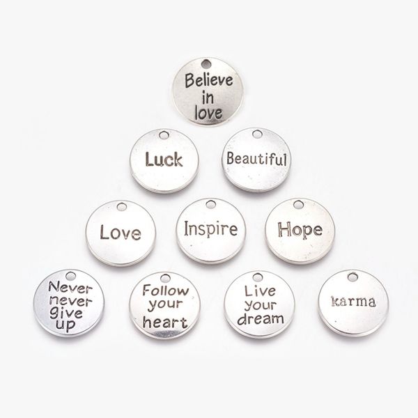 

pandahall 60pcs/set tibetan style alloy pendants flat round with inspirational word handmade bracelets necklace jewelry findings, Black