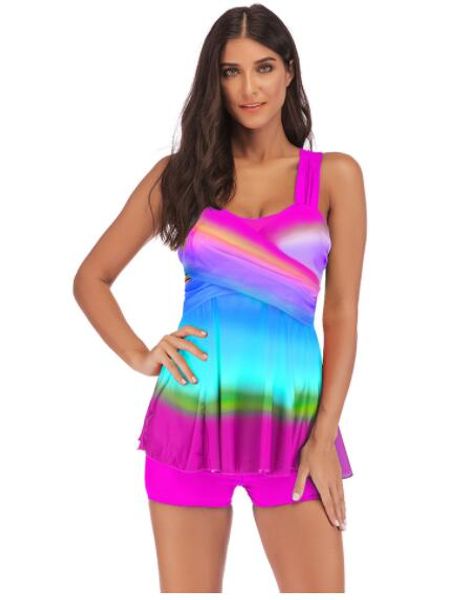 

wholesale big fat plus slim digital print swimwear double shoulder strap skirt split flat angle gradient bikinis sets flexible stylish