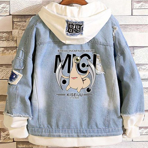 

anime parasyte kiseijuu migi shinichi izumi casual layered denim jackets frayed rib sleeve hooded jean jacket loose cowboy coat, Black;brown