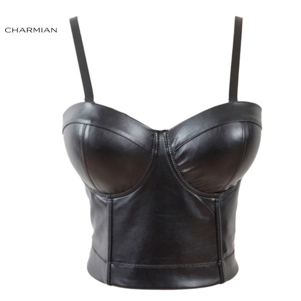 Charmian donna sexy cinturino in ecopelle bustier racer bustier top corsetti in pelle e bustier gotico pu crop top reggiseno Y19071901