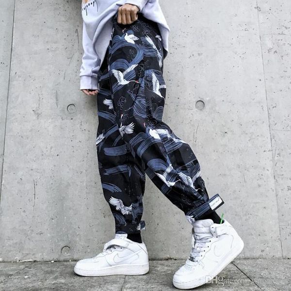 

spring autumn men crane printed harajuku hip hop pants japanese streetwear boys casual vintage joggers couple cargo trousers, Black