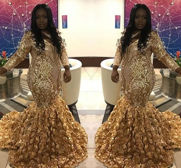 2019 New Design Plus Size Prom Dresses With Rose Flowers Gold Lace