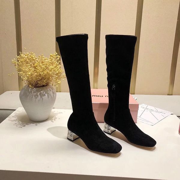 

authentic new goods rhinestones and sheepskin stretch boots high tube female long tube over the knees matte skin super leg repair, Black