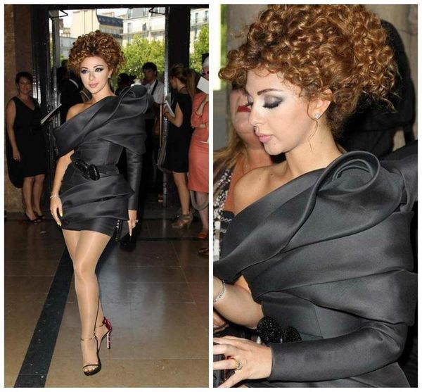 

2019 новое сексуальное платье короткое мини платье знаменитости myriam fares dress одно плечо блестками створки плиссированные длинные рукав, Black;red