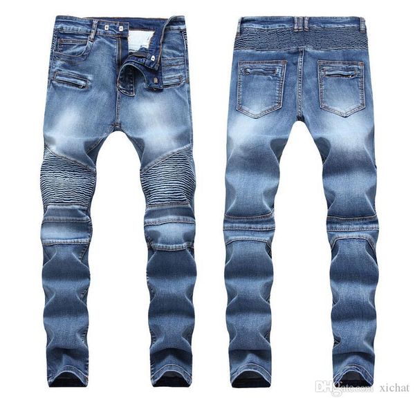 

мужские проблемные рваные джинсы тощий модельер slim fit мотоциклов мото байкер причинная denim брюки hip hop брюки qkn, Blue