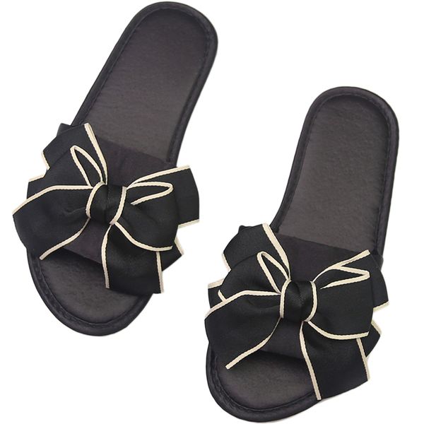 

satins women flat slippers fashion simple indoor slippers flip flops with bow tie pink slides non-slip sandals beach shoes pantofole donna, Black