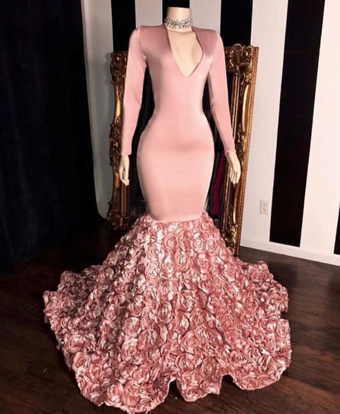 

New Sexy Arabic Evening Dresses 2019 Blush Pink Prom Dresses 3D Rose Flowers Plus Size Celebrity Dresses vestido de novia